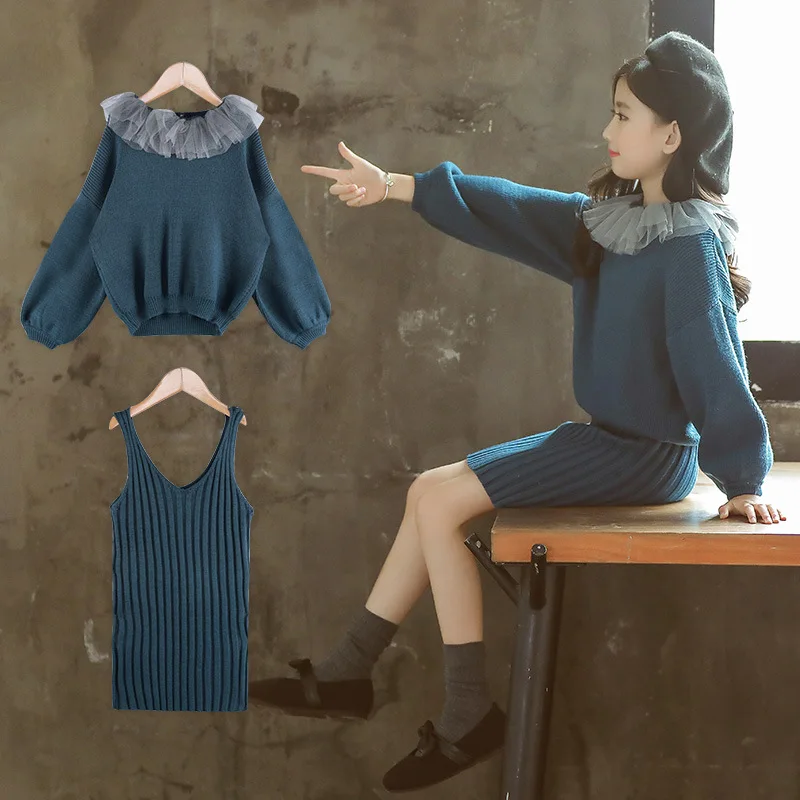 

Girl'S Sweater Set 2019 Spring And Autumn New Style Dress Sweater Middle And Large Children Western Style Online Celebrity Winte