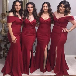 Red Mermaid Bridesmaid Prom Dress Sweetheart Off Shoulder Front Slit Floor Length Draped Party Pageant Vestidos De Maid Of Honor