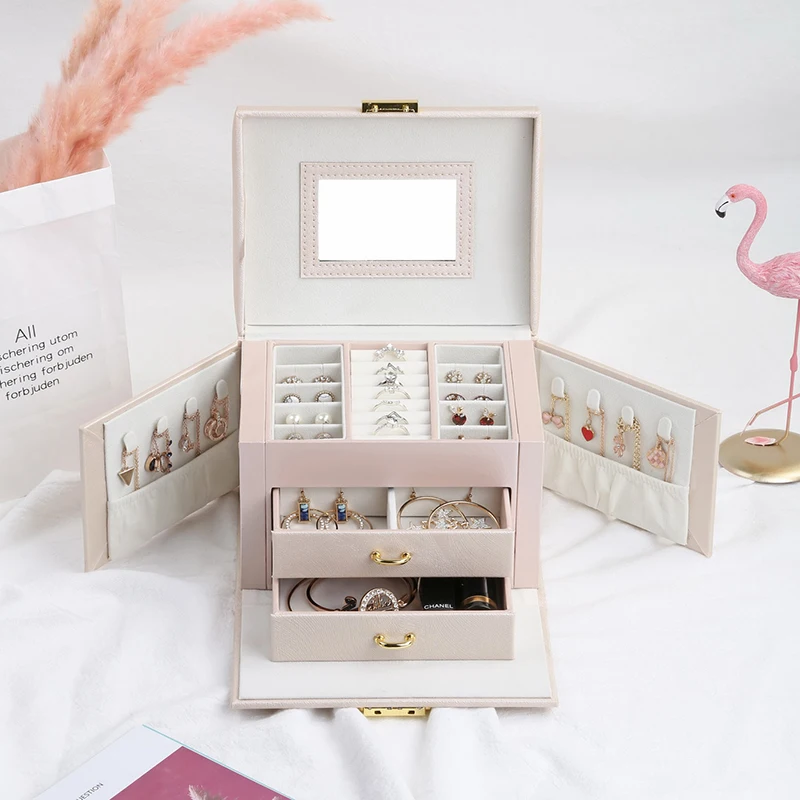 

Casegrace New PU Leather Packaging & Display Box Elegant 3 Layers Jewelry Storage Box Organizer With Mirror Container as Gifts