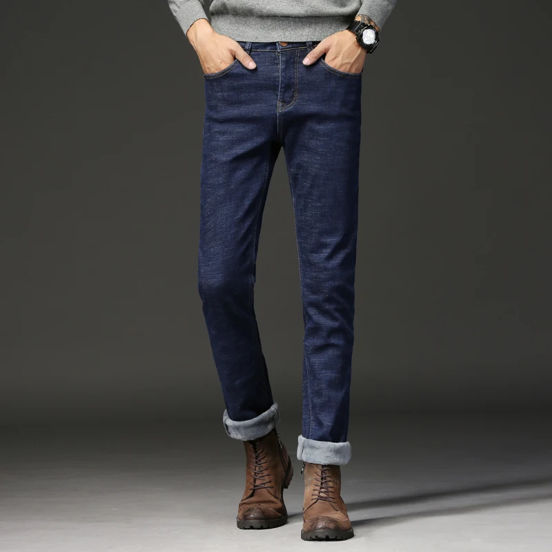 Новые зимние утолщенные теплые вельветовые мужские классические деловые повседневные узкие джинсы мужские черные синие прямые джинсовые брюки большого размера 40