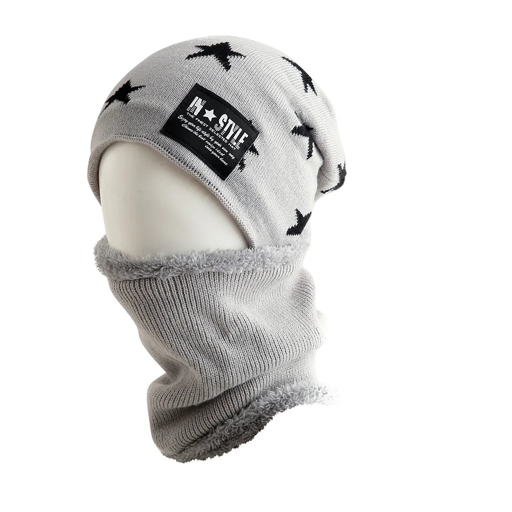 Зимняя вязаная шапка, шарф, набор для мужчин, теплая плотная флисовая вязаная шапочка, шарф, набор, звездная вязка, ветрозащитная уличная Лыжная шапка, шарф-кольцо