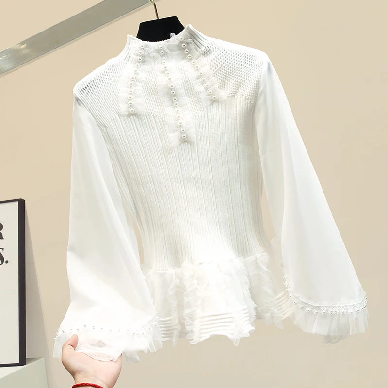 

Autumn Winter Knitted Blusas Women's Ties Thick Lace Stitching High Collar Light Cooked Short Sweater Women's Pullovers Street