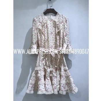 

Women's Summer 2020 Round Neck Beach Dress Ruffled Mini Dress High Quality Printed stitching lace flared sleeve slim dress