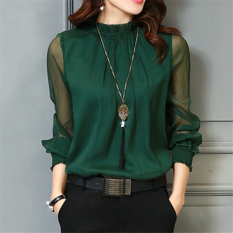 

2020 New Chiffon Blouse Women Tops Long Sleeve Stand Neck Work Wear Shirts Elegant Lady Blouses Casual Solid Color