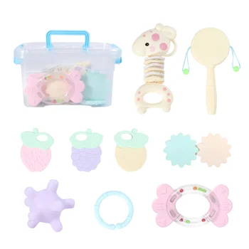 

1 Set/9pcs Infant Toys Hand-cranked Bell Funny Shaking Bell Chewing Toys Portable Hand Rattle Teether Toys with Gutta-percha