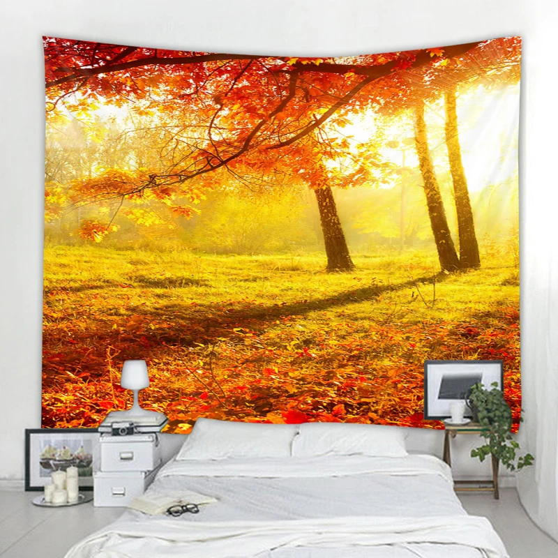 Nordic Nature Landscape Tapestry Sunshine Maple Forest Decoration Wall Tapestry Art Deco Blanket Curtain Hanging at Home Bedroom
