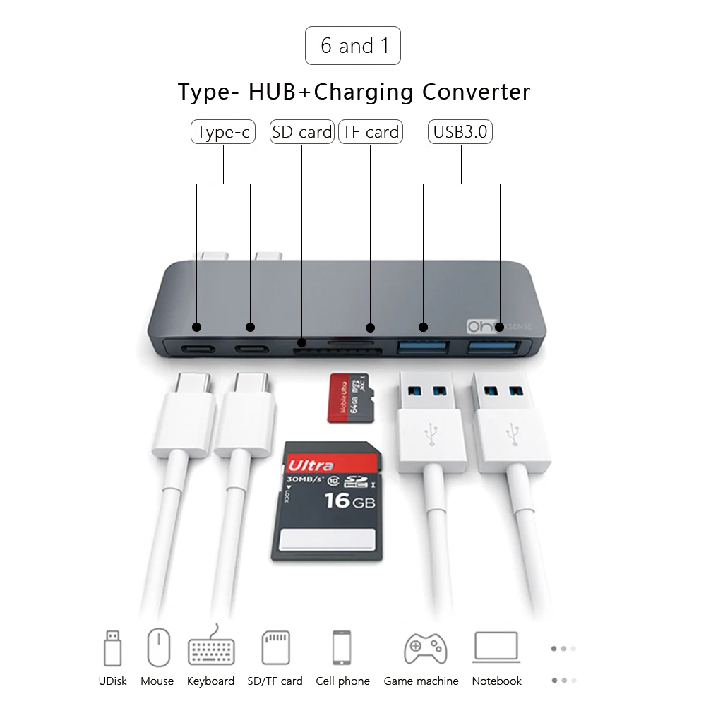 USB C концентратор с sd-кард-ридером, алюминиевый зарядный порт, USB 3,0 концентратор, конвертер для MacBook