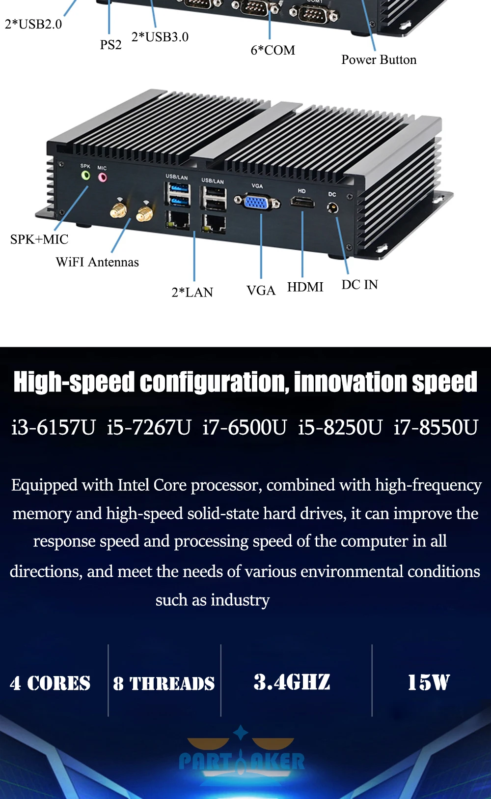 Unleash Power with Fanless Intel Mini PC - Core i7 8550U | i5 8250U | i7 6500U | i7 7510U. Versatile with 2 Intel I211 and 6 COM Ports. Elevate your computing with this Mini Computer HTPC marvel! Description Image.This Product Can Be Found With The Tag Names Cheap Mini PC, Computer Office, High Quality Computer Office, Mini pc