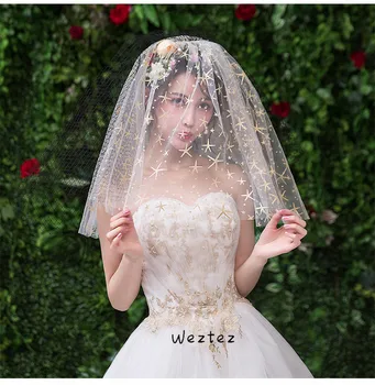 

Simple Bride Dress Veil Wedding Gold Starfish Plus Black Big Bubble Net Bride Veil Short Paragraph TS258
