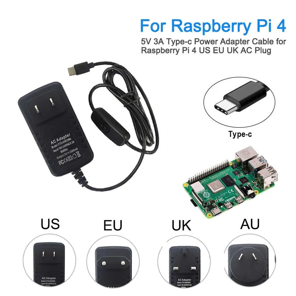 Для Raspberry Pi 4/4B Мощность адаптер 5В 3A Тип с портом типа C Мощность Зарядное устройство с переключением