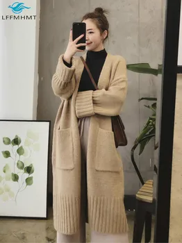 

Women's Autumn Fashion Korean Style Long Knitting Cardigan Coats Office Lady Solid Color Long Sleeve Thick Warm Sweater Knitwear
