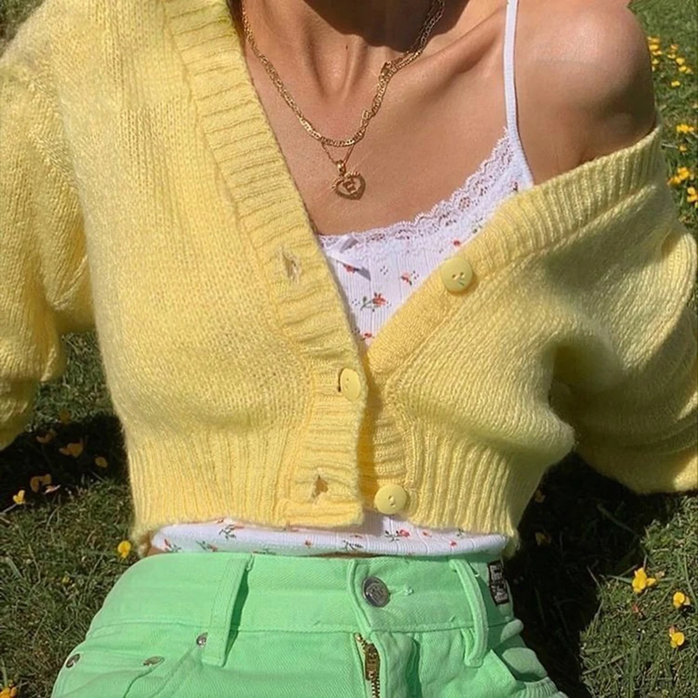 

Yellow Sweet Knitted Cardigan Sweater Women Button V Neck Long Sleeve Autumn Winter Sweater Korean Fashion Y2K Knitwear