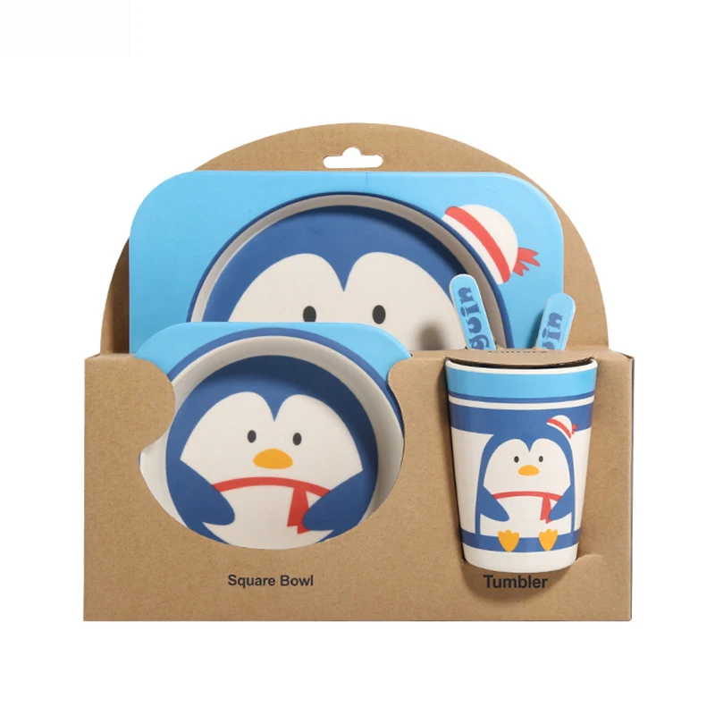 Penguin 5 шт./компл. детское блюдо, посуда для детей, Мультяшные блюда для кормления, Детская натуральная посуда из бамбукового волокна с чашей, вилка, чашка, ложка, тарелка - Цвет: Penguin