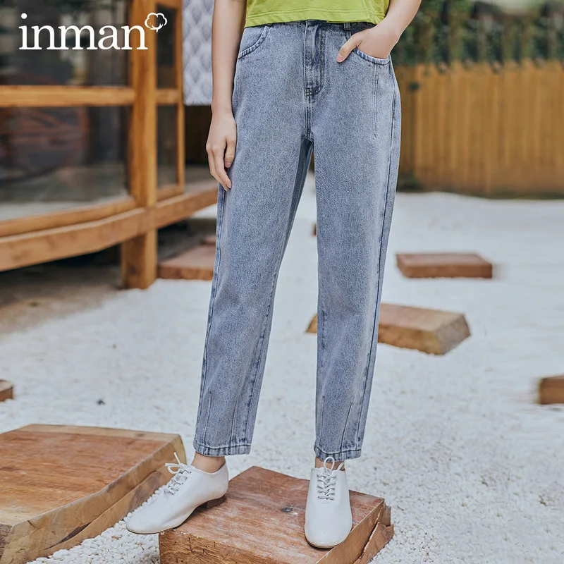 

INMAN 2020 Spring New Arrival Literary Dimple Series Retro Medium Waist Wash Slimmed Hip Pant