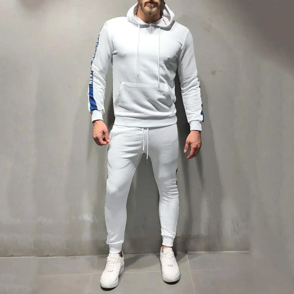 White С буквенным принтом, спортивный костюм в полоску, Мужской осенне-зимний свитер с карманами, топ, штаны, комплекты, спортивный костюм, Повседневная Уличная одежда 4 - Цвет: White