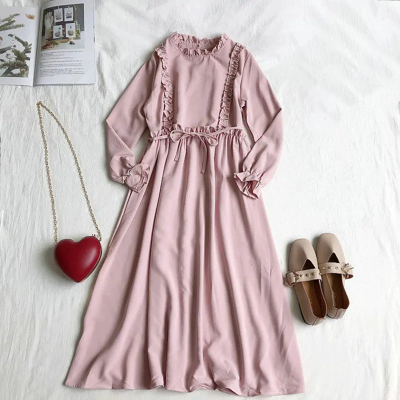Women Fashion Dress Элегантное женское осенне-зимнее платье с расклешенными рукавами и бандажным ремнем, плиссированное платье с оборками, винтажное эластичное тонкое платье с высокой талией, пуловер миди - Цвет: Women Fashion Dress
