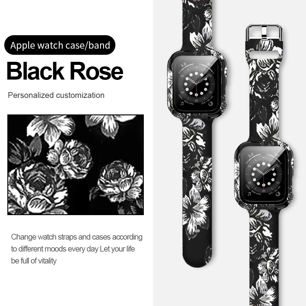 Case+Bands for Apple Watch Band 44 40 42 38mm with Screen Protector Cover, Glass+Silicon Wristband Strap for iWatch SE 654321