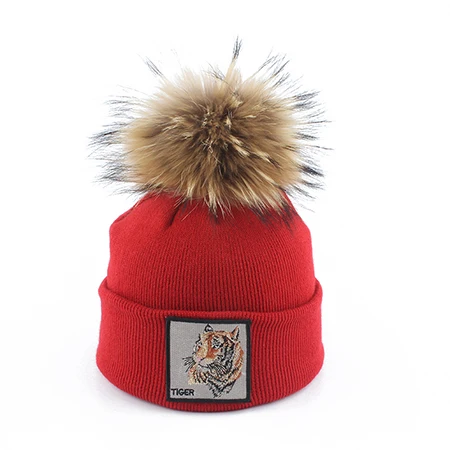 Новинка года; модная детская Шапка-бини с вышивкой волка; зимняя шапка для детей; теплые вязаные шапочки; Детские повседневные шапочки - Цвет: tiger red
