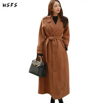 

Winter Dress Coffee Turndown Long Sheep Wool Women Office Bodycon Elegant Woolen Plus Size Clothes Overcoat Abrigos Mujer Invier