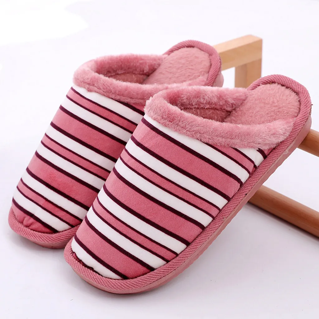 

Women Indoor Slippers Short Plush Spring Autumn Flat Shoes Woman Home Bedroom Slides Striped Slip On Female House Floor Slippers