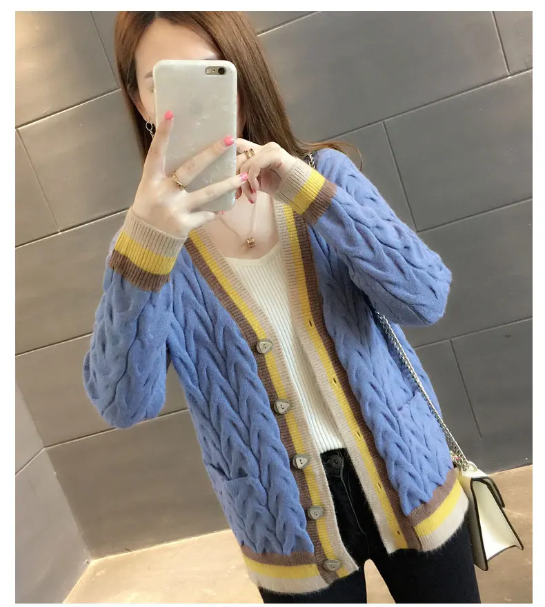 Autumn Winter Women Knitting Cardigan Sweaters Casual Twist Knitted Sweaters Coat with Pockets - Цвет: Синий