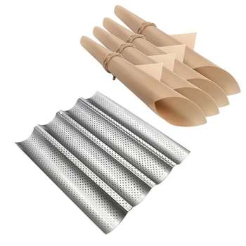 

Food Grade Non Stick Coating Perforated Baguette Bread Pans 4 Loaves,with 4x Professional Bakers Couche Proofing Cloth