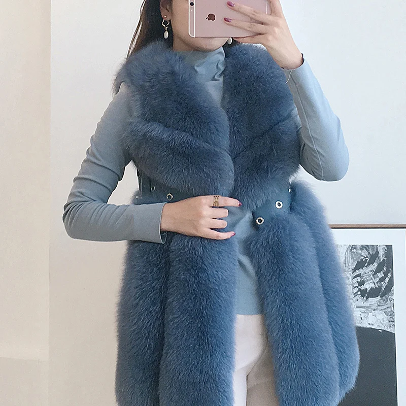 blue Коллекция года, женская одежда зимний жилет из натурального Лисьего меха для женщин длинный жилет из натурального меха для девочек, жилет, куртка, 1013 - Цвет: blue