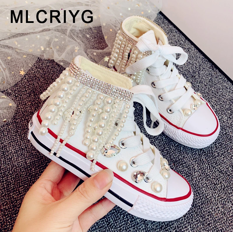 

New Autumn Kids High Casual Sneakers Baby Girls Sport Sneakers Children Brand White Sneakers Rhinestone Canvas Shoes Trainers