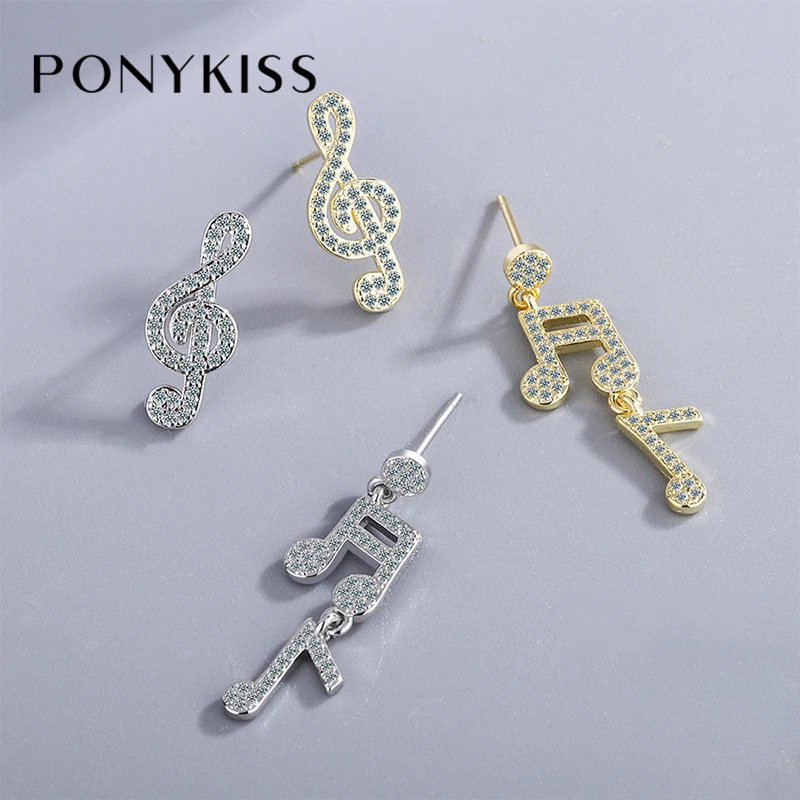 

PONYKISS Trendy 925 Sterling Silver Asymmetric Music Notes Zircon 14K Gold Stud Earrings for Women Fine Jewelry Drop Shipping