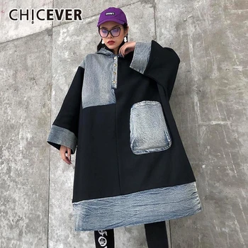 

CHICEVER Patchwork Denim Hit Color Sweatshirt Women Hooded Long Sleeve Pocket Oversize Loose Female Sweatshirts 2020 New Clothes