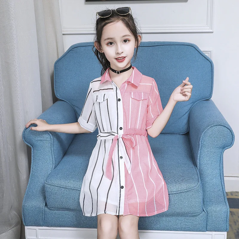Платье для девочек; Новинка года; летнее платье-рубашка в Вертикальную Полоску в Корейском стиле
