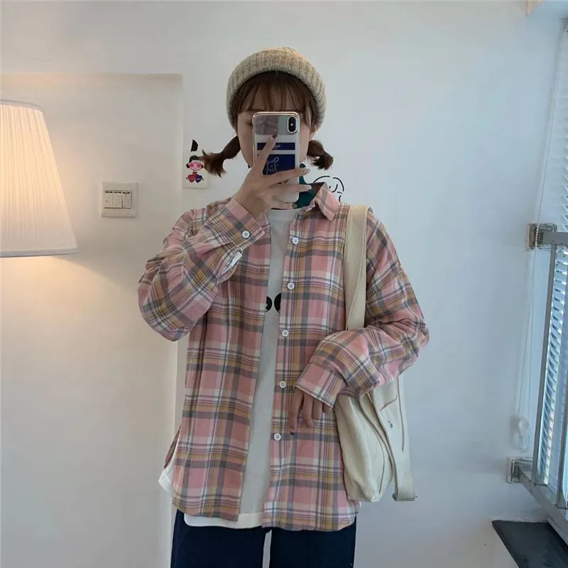Женская Корейская Harajuku Повседневная Свободная клетчатая Ретро рубашка, женские рубашки Ulzzang, японская кавайная Женская винтажная одежда для женщин