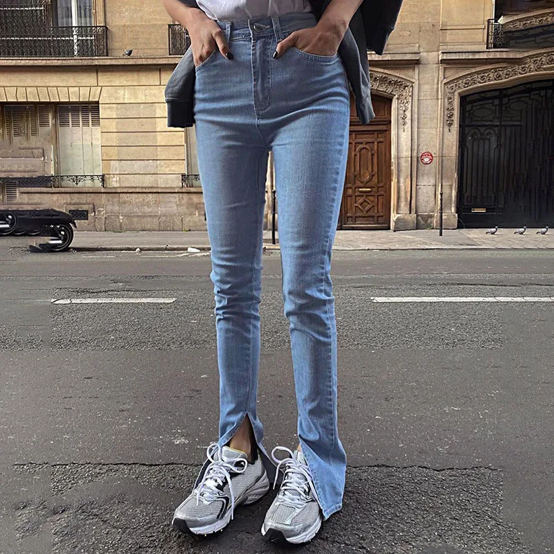 

Light Blue Skinny Jeans Woman Spring 2021 Fashion Stretch Slim High Waist Jeans Women Fashion Split Denim Pencil Pants