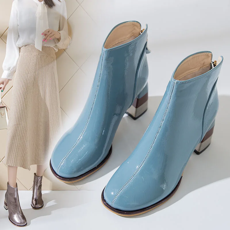 Botines de piel sintética con punta redonda para mujer, Botas Azules de  tacón cuadrado grueso, de charol, para Otoño e Invierno - AliExpress Calzado
