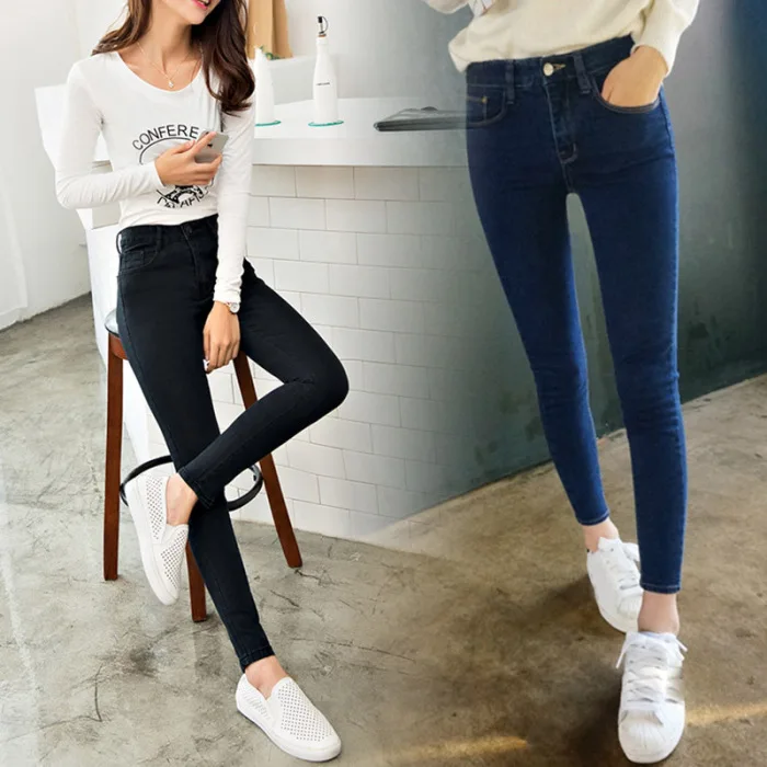 Горячая Womem джинсы сплошной цвет Slim Fit Эластичные повседневные джинсы-карандаши CXZ