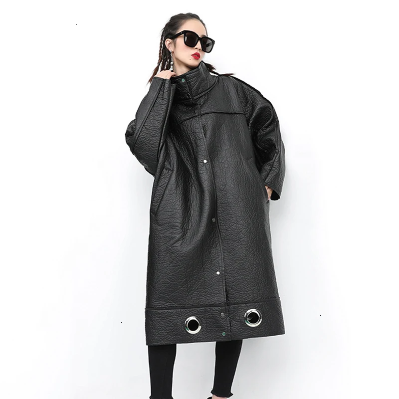 TWOTWINSTYLE Hollow Out PU Leather Lace Up Womens Coats Stand Collar Batwing Sleeve Coat Female Autumn Oversize Fashion New