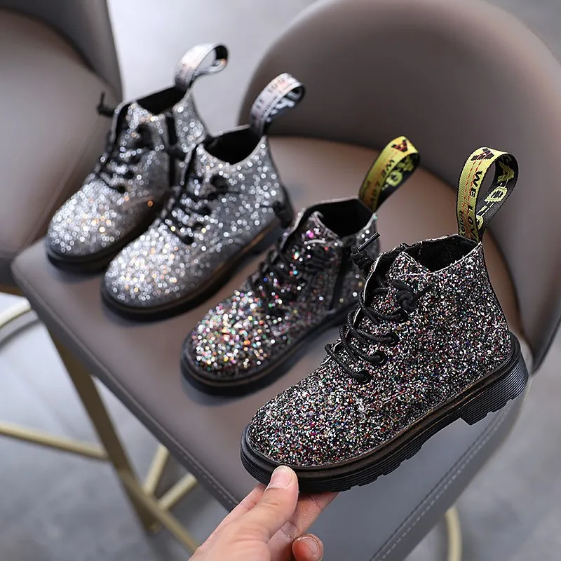 

2020 Autumn New Fashion Short Boots Girls Martin Boots Sequins British Style Single Boots Children's Non-slip Warm Korean Boots