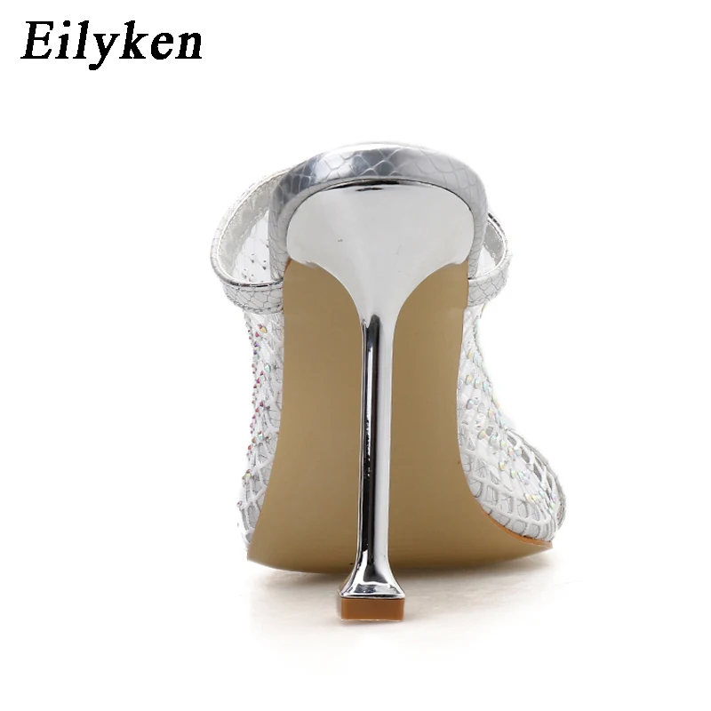 Eilyken/модные женские туфли со змеиным принтом, с открытым носком; туфли на шпильках; летние туфли из дышащей сетки; обувь для вечеринок со стразами
