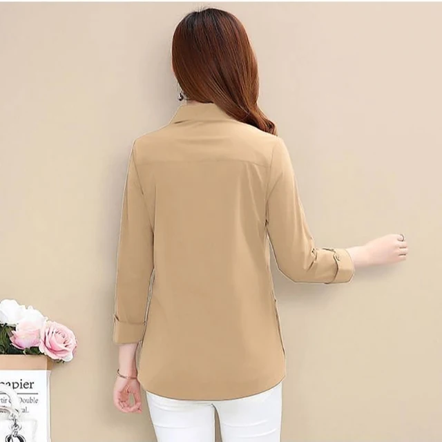 Chic Solid polo collar shirt women fashion elegant slim plus size 5XL long sleeve blouse female 2021 new Mom casual spring tops khaki