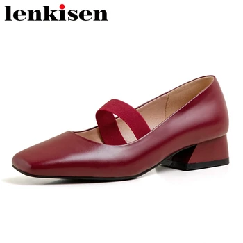 

Lenkisen summer Mary janes cow leather square toe med heel brand shoes women Korean design girls shallow elastic band pumps L15