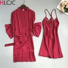 Последние шелковые атласные мягкие женские халаты и Платья наборы Лето 2 шт платье для сна+ халат Ночное белье сексуальное ночное платье Ночная рубашка домашняя одежда