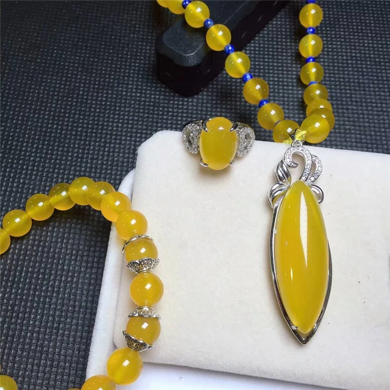LETSFUN Fine Jewelry 925 Серебро инкрустированные натуральный халцедон желтый кулон ожерелье кольцо браслет набор подарки