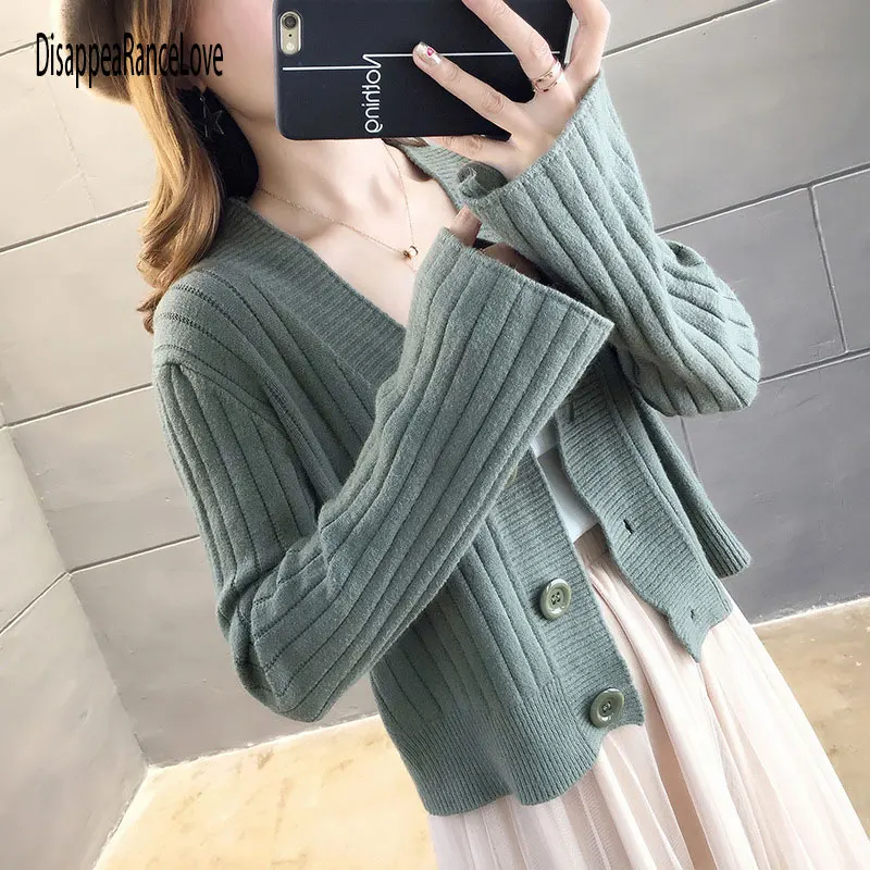 

Women's Sweaters Autumn Spring Short Cardigans Single Breasted V-Neck Casual Sweaters Female Solid Knitted Jackets Jumpers