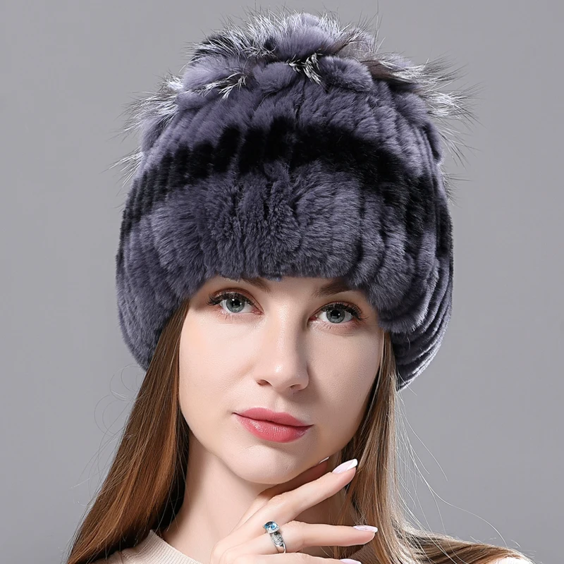 Russian Winter Real Fur Hat Hot Sale Natural Rex Rabbit Warm Cap Ladies Knitted 100% Geunine Hats | Аксессуары для одежды