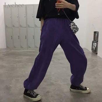 

Lychee Harajuku Solid Corduroy Women Pants Elastic Waist Loose Female Jogger Pants Casual Spring Autumn Lady Trousers Bottoms