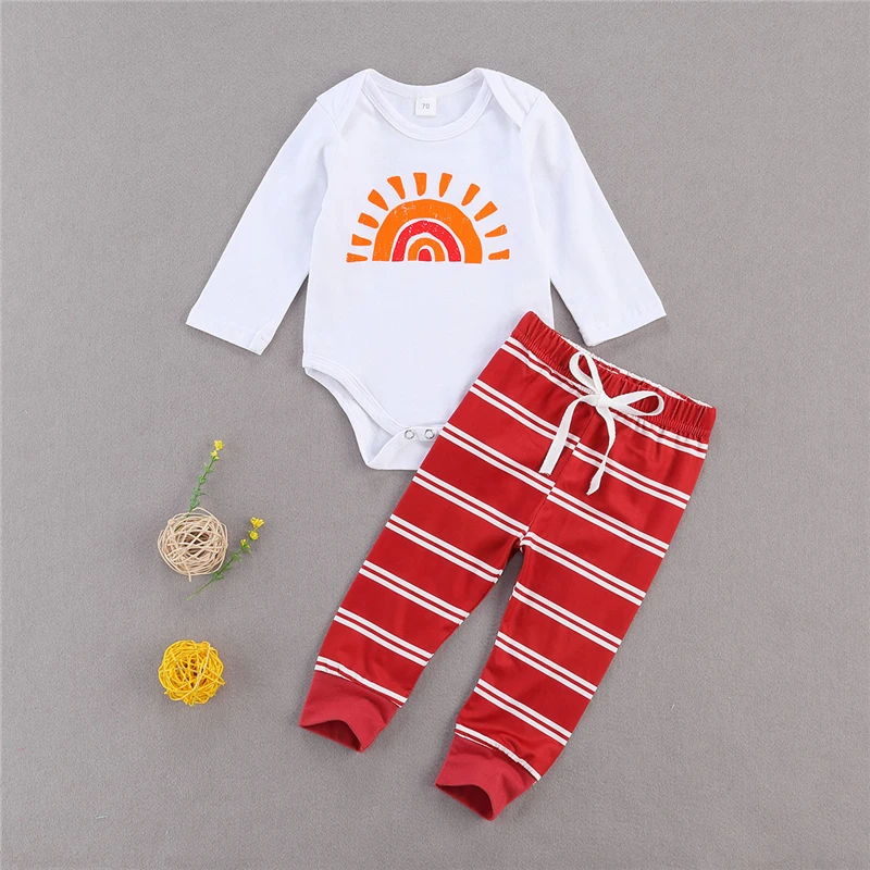 

Baby Girl Outfit Long Sleeve Red Sun Printed Romper + Drawstring Color Matching Stripe Pants 2PCS Autumn Winter Clothes Sets