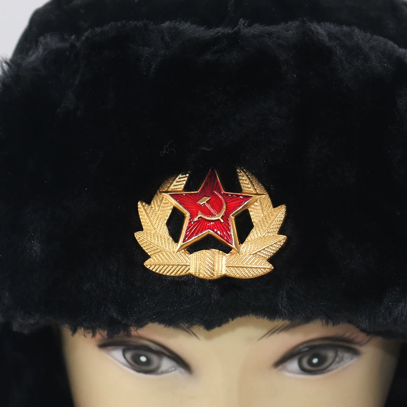 Sovjet Militaire Badge русланд ушанка шляпа-бомбер с теплой искусственной кониджненбонт внутри Oorklep Sneeuw шапки hoed унисекс
