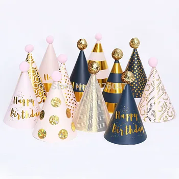 

4 pcs/lot birthday hats kids boy girl pink black birthday party decorations happy birthday paper hat prince princess crown