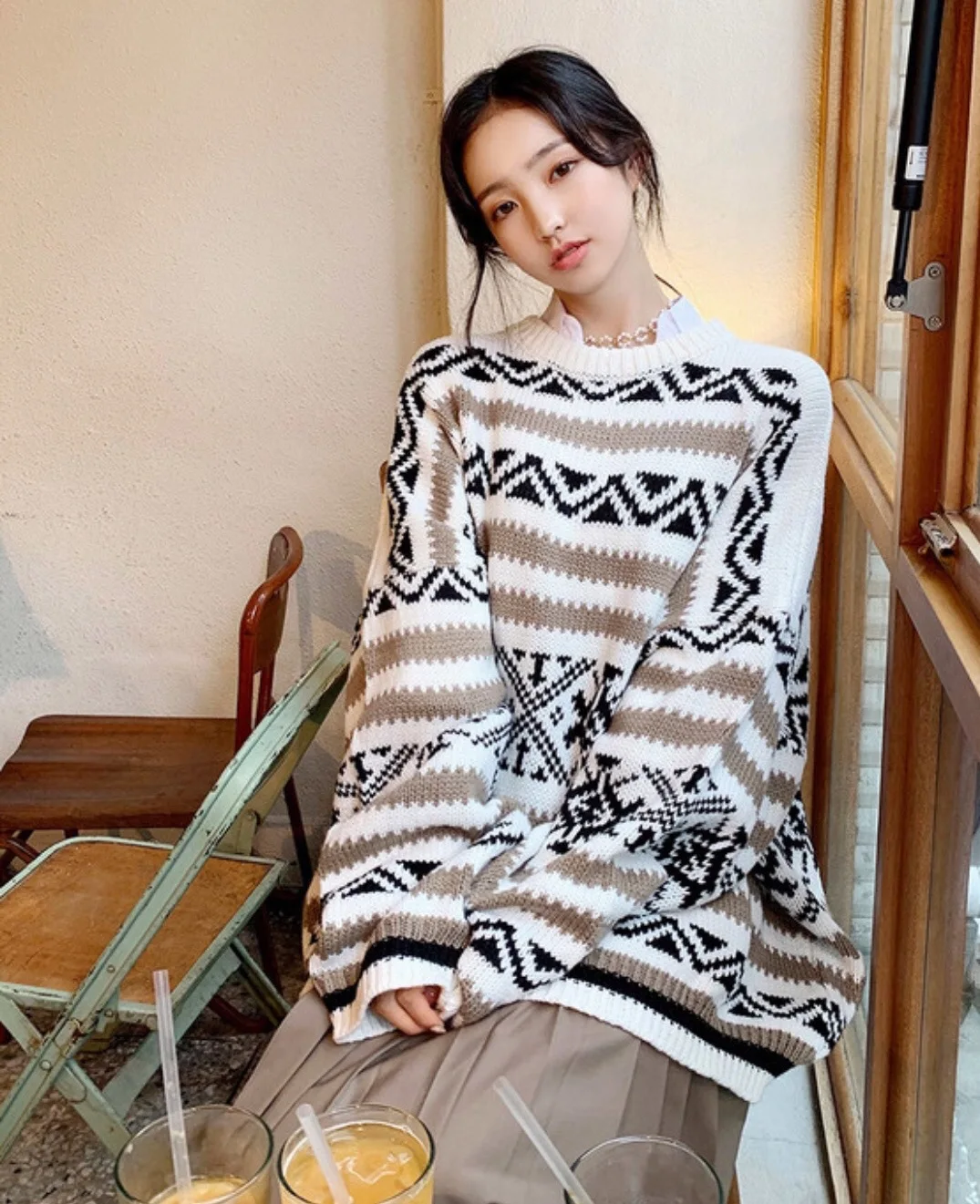 RUGOD pull femme Рождество Круглый вырез свободные длинные геометрические снежинки узор Мода femme Винтаж свитер пуловер корейский вязаный