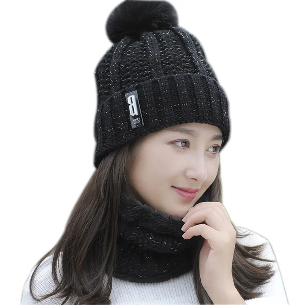 Brand Winter knitted Beanies Hats Women Thick Warm Beanie Skullies Hat Female knit Letter Bonnet Beanie Caps Outdoor Riding Sets